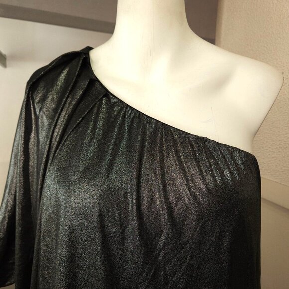 Womens Y2K One Shoulder Bodycon Mini Dress Size 6 Aqua Black Metallic Stretch - Picture 2 of 11